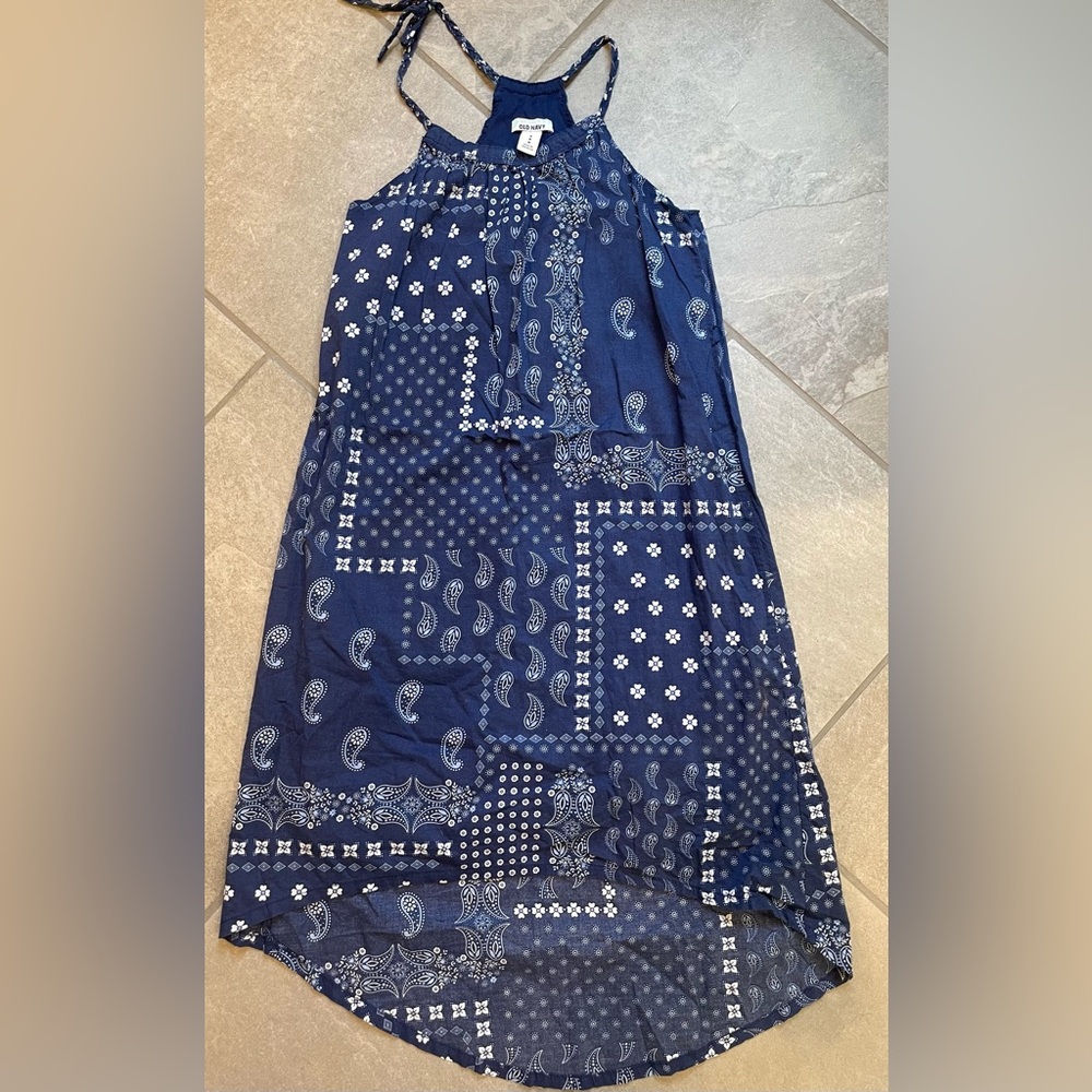 Old Navy Girls Navy Blue and White Cotton Dress, Paisley Accents Size Medium